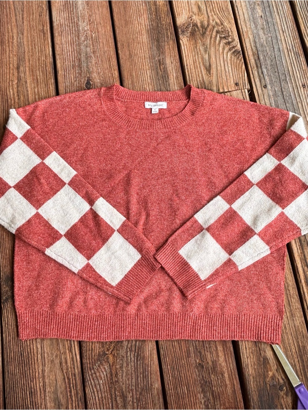 Blu Pepper Red Crewneck Sweater with Cream Checkerboard Sleeves